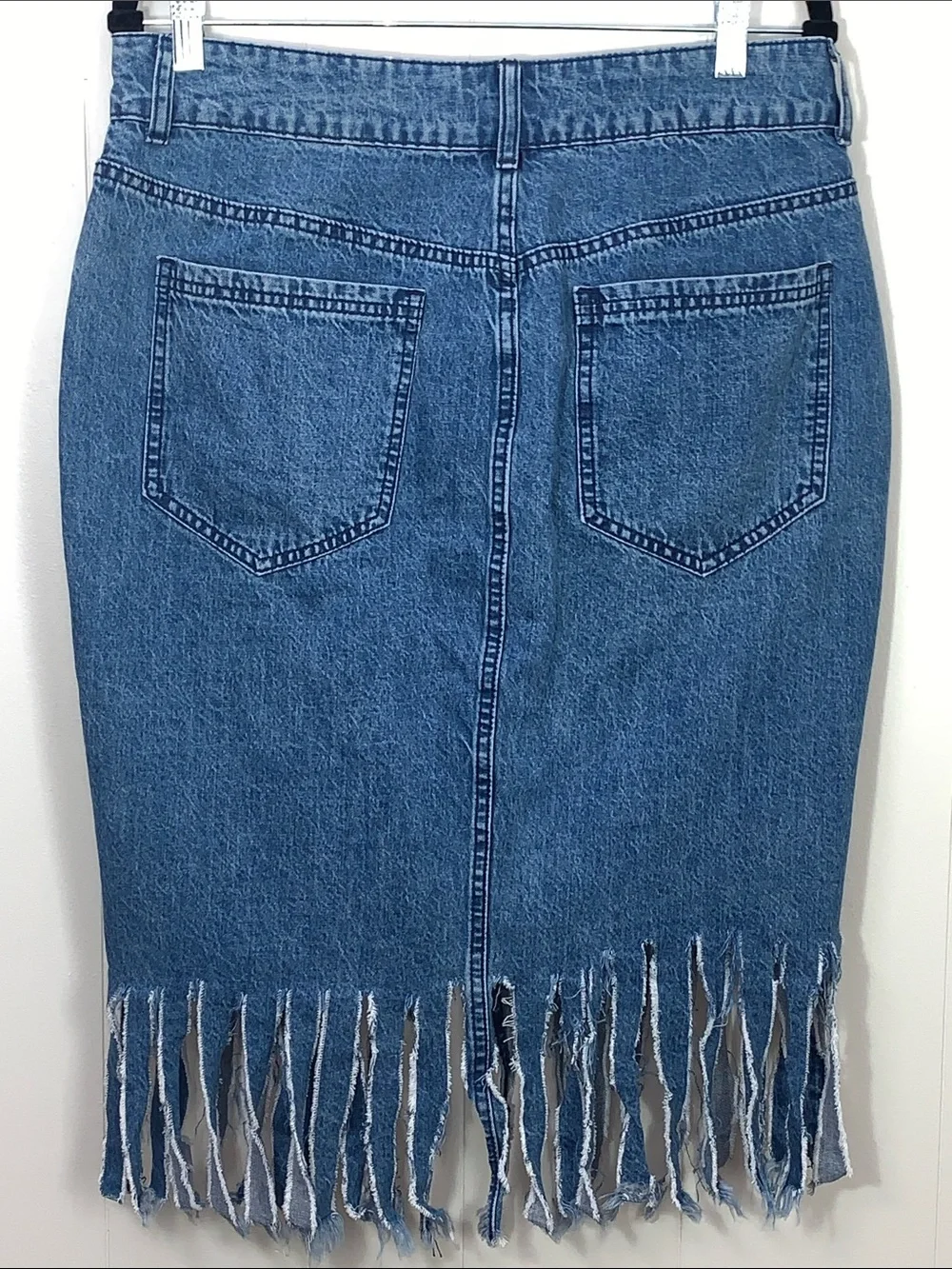 Frayed Hem Blue Denim Midi Skirt